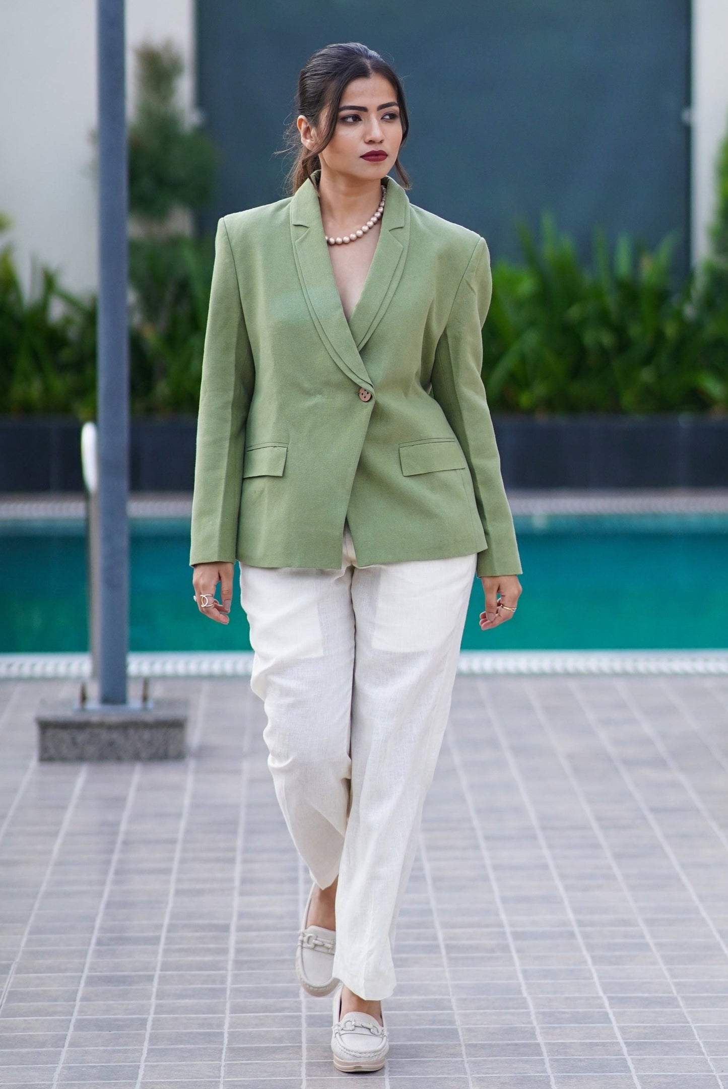 leafy green blazer set with pants