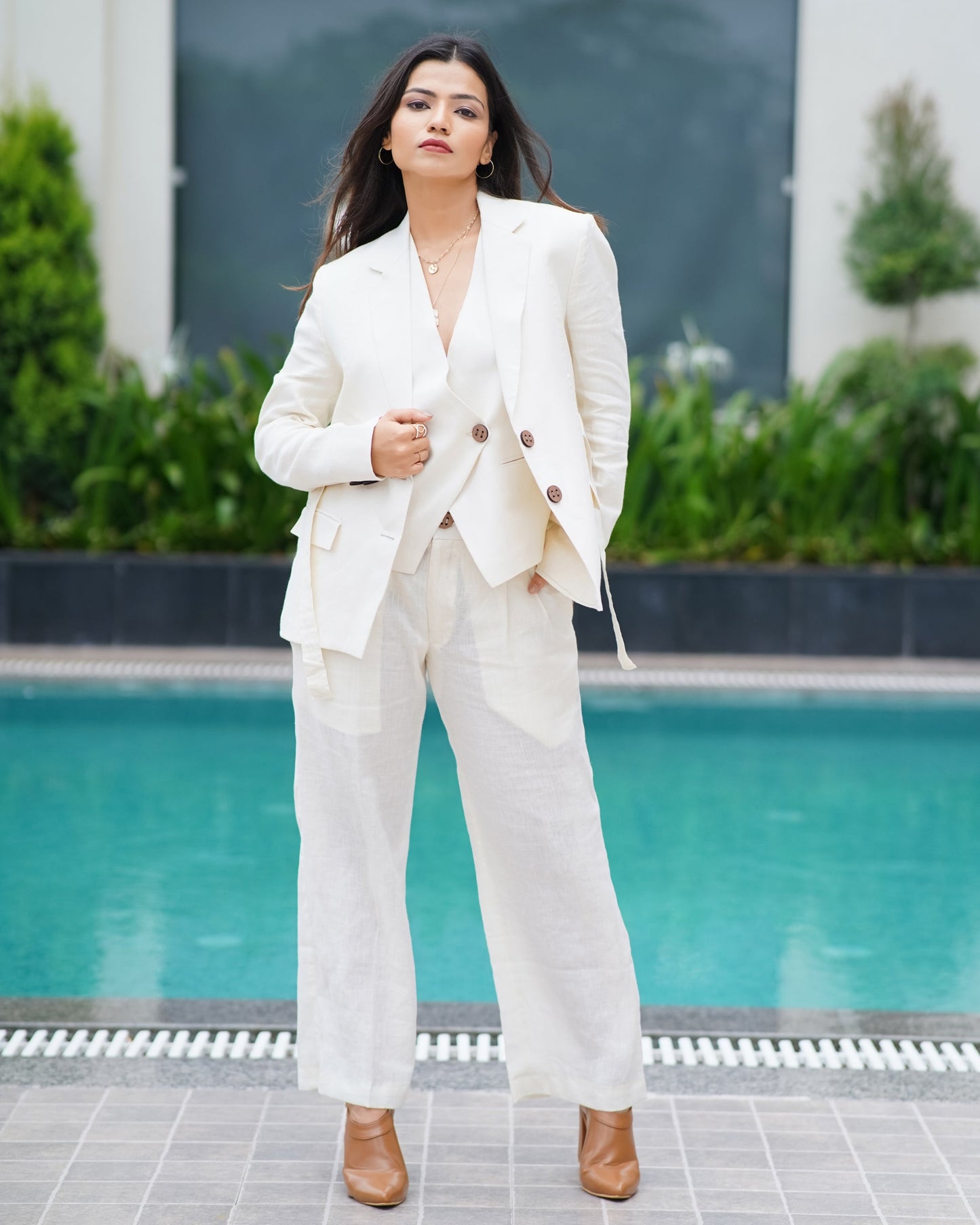 white Linen  blazer set