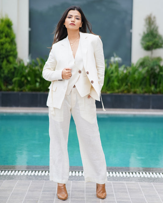 white Linen  blazer set